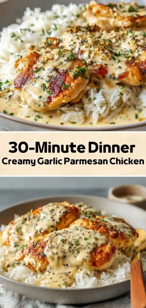 30-Minute Creamy Garlic Parmesan Chicken with Rice Creamy garlic parmesan chicken served over white rice with golden seared chicken breasts and rich herb parmesan sauce