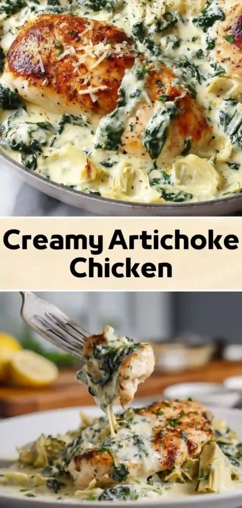 Creamy Artichoke Chicken with Spinach – Easy Skillet Dinner Recipe Creamy artichoke chicken with spinach in parmesan garlic sauce served in skillet and plated fork bite
