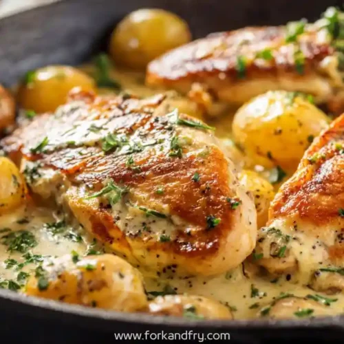 Creamy chicken and baby potatoes skillet with garlic herb sauce in cast iron pan