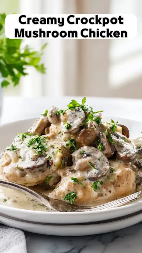 Creamy Crockpot Mushroom Chicken – Easy Slow Cooker Dinner Recipe Creamy crockpot mushroom chicken topped with fresh parsley on white plate with garlic cream sauce
