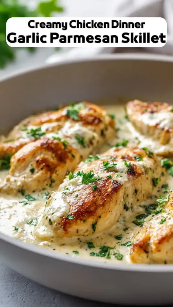 Creamy Garlic Parmesan Chicken Skillet – Easy Creamy Chicken Dinner Creamy garlic parmesan chicken skillet with golden seared chicken breasts in rich parmesan cream sauce topped with fresh parsley