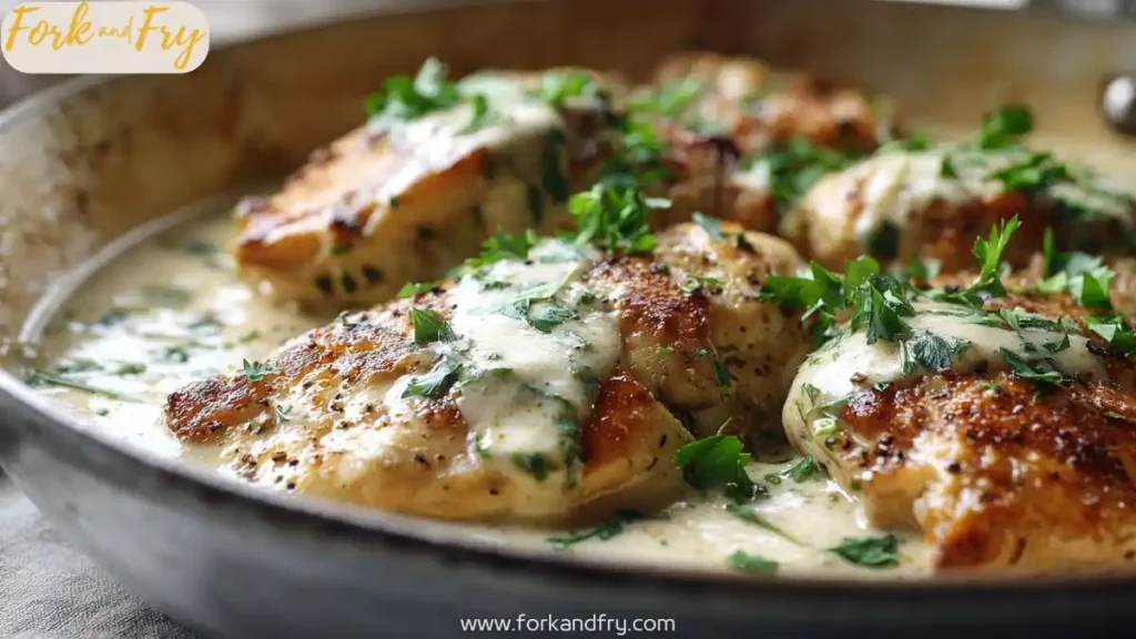 Creamy garlic parmesan chicken skillet with pan-seared chicken breasts in rich parmesan sauce topped with fresh parsley