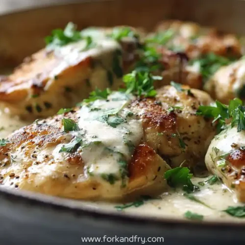 Creamy garlic parmesan chicken skillet with pan-seared chicken breasts in rich parmesan sauce topped with fresh parsley