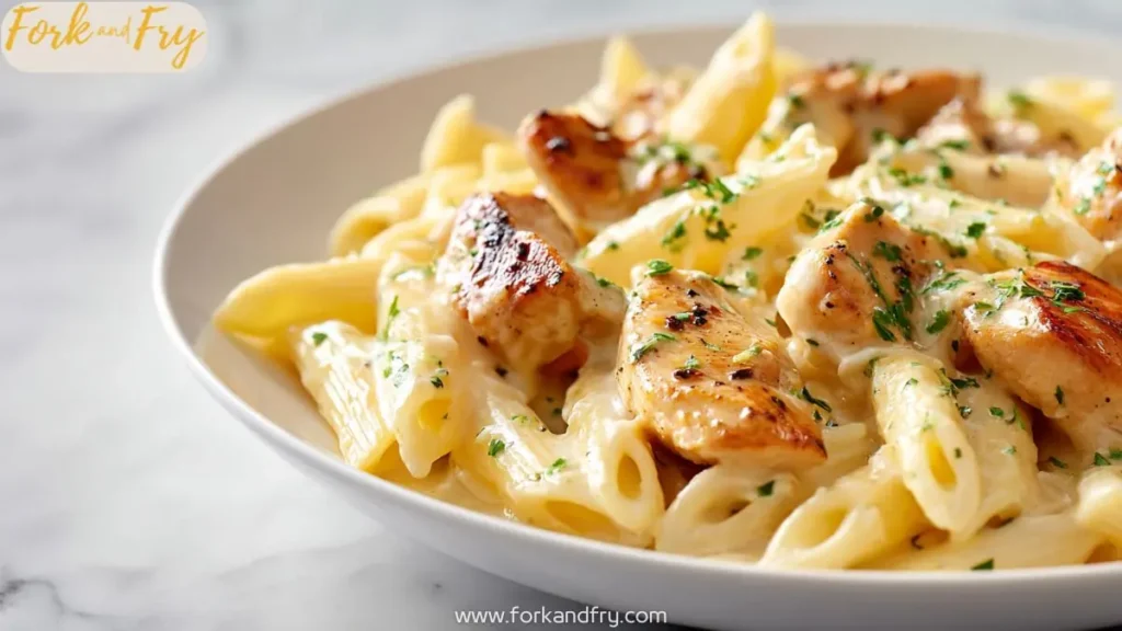 Creamy Garlic Parmesan Chicken Pasta (Skillet) 3 Creamy garlic parmesan chicken pasta with penne and seared chicken in rich white sauce
