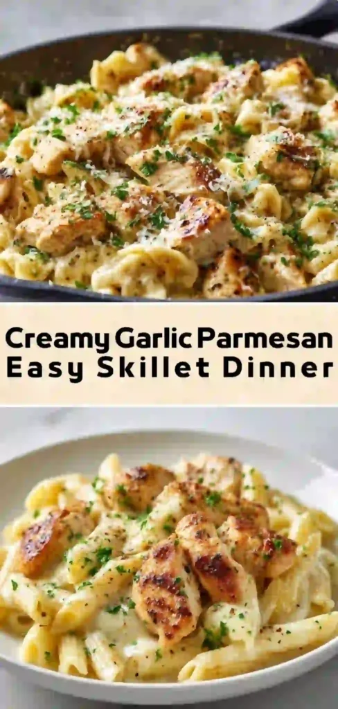 Creamy Garlic Parmesan Chicken Pasta – Easy Skillet Dinner Recipe Creamy garlic parmesan chicken pasta with penne and golden seared chicken in skillet
