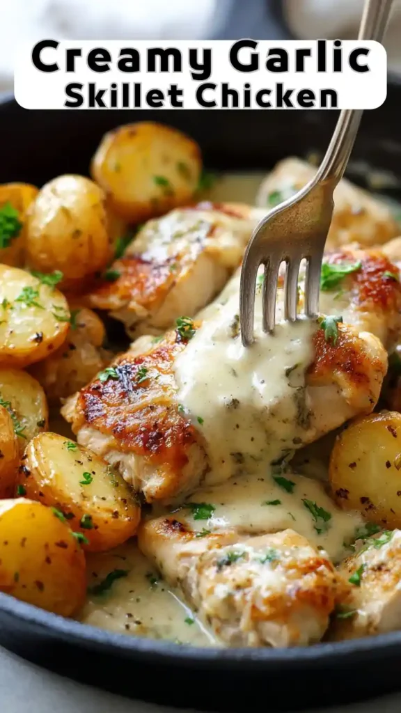 Creamy Garlic Skillet Chicken with Baby Potatoes Creamy garlic skillet chicken with baby potatoes and herb sauce in cast iron pan