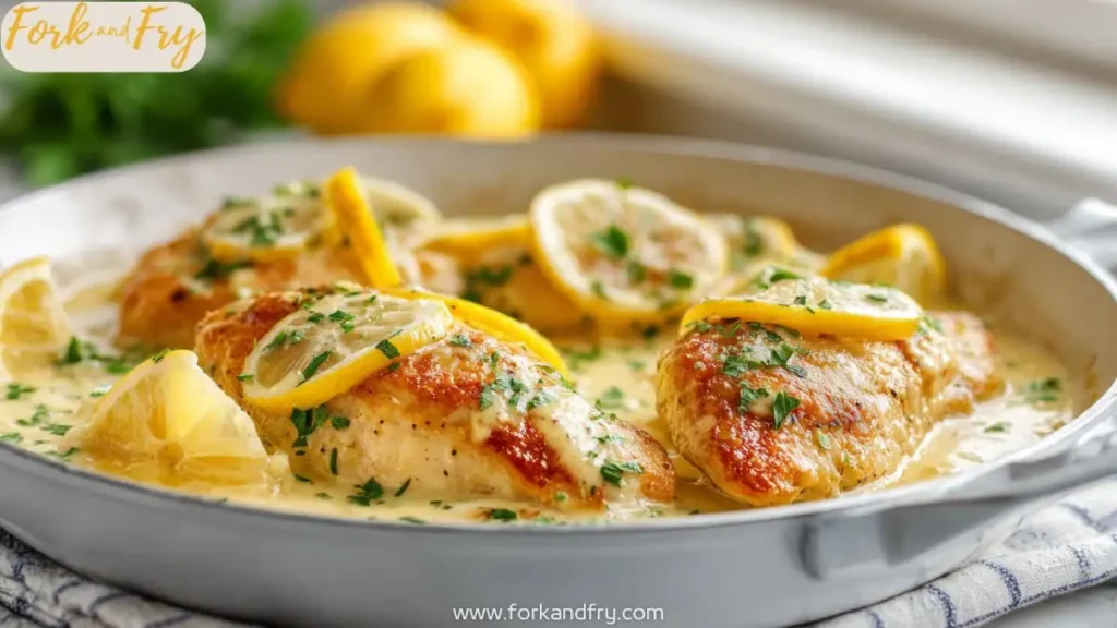 Creamy lemon chicken skillet with golden seared chicken breasts, fresh lemon slices, and parsley in garlic cream sauce