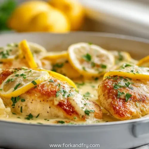 Creamy lemon chicken skillet with golden seared chicken breasts, fresh lemon slices, and parsley in garlic cream sauce
