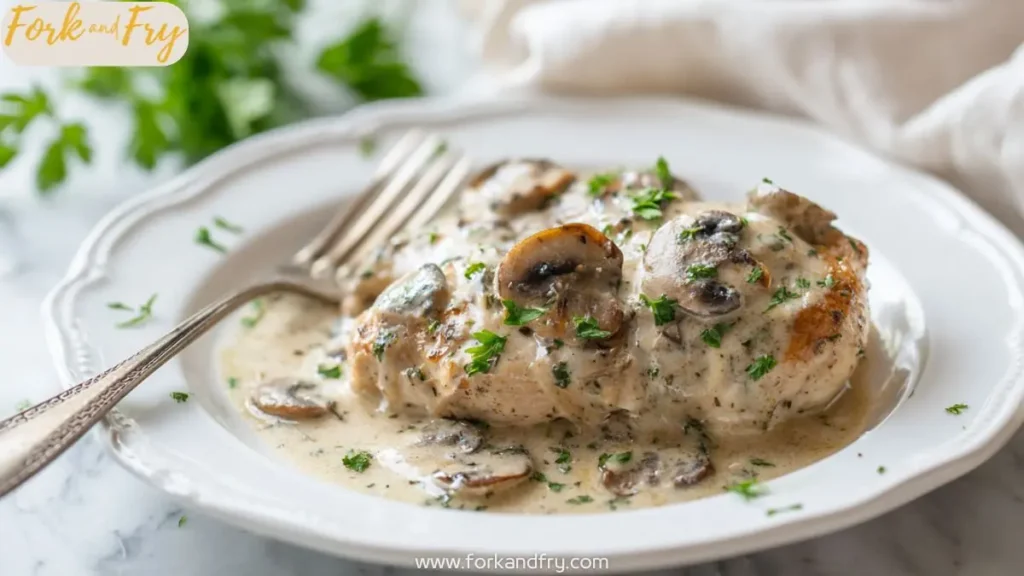 Creamy mushroom chicken breast in garlic parmesan sauce garnished with fresh parsley on white plate