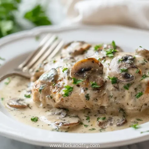 Creamy mushroom chicken breast in garlic parmesan sauce garnished with fresh parsley on white plate