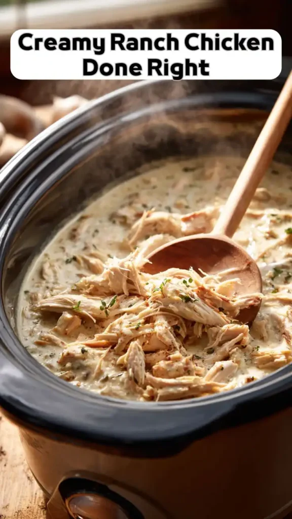 Creamy Ranch Chicken in Crockpot – Easy Slow Cooker Comfort Food Creamy ranch chicken cooking in crockpot with shredded chicken and herbs stirred with wooden spoon