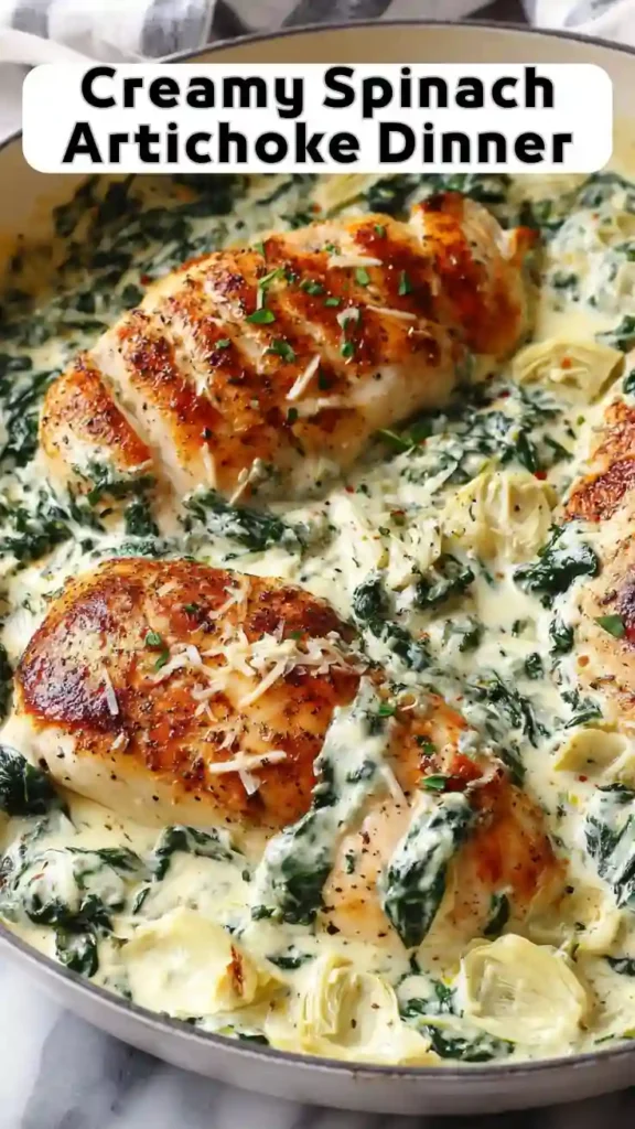 Creamy Spinach Artichoke Chicken Dinner – Easy Skillet Recipe Creamy spinach artichoke chicken skillet with golden seared chicken breasts in parmesan garlic cream sauce