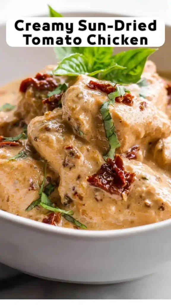 Creamy sun-dried tomato chicken in garlic parmesan sauce with fresh basil garnish