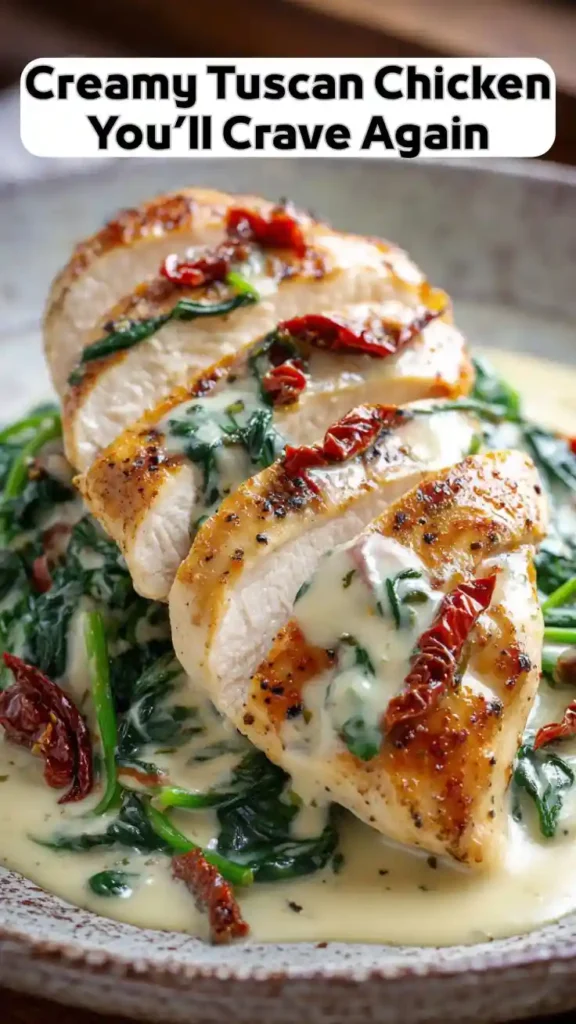 Creamy Tuscan Chicken with Spinach and Sun-Dried Tomatoes Sliced creamy Tuscan chicken with spinach and sun-dried tomatoes in garlic parmesan sauce