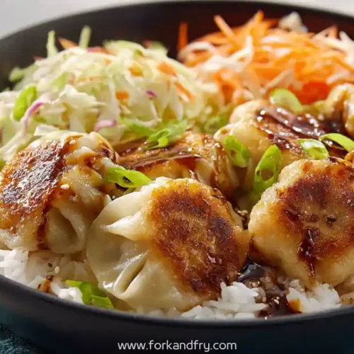 Crispy chicken dumpling bowl with pan fried dumplings, white rice, coleslaw, and green onions