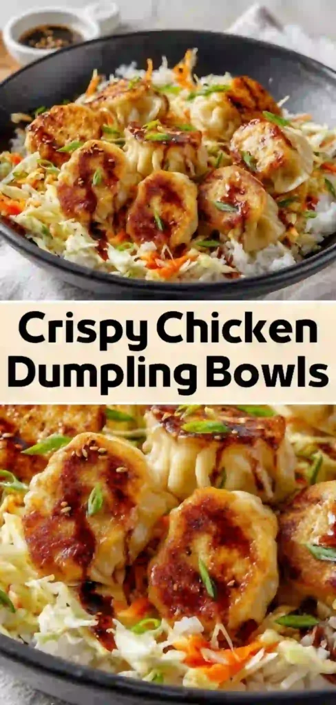 Crispy Chicken Dumpling Bowls – Easy Weeknight Dinner Idea Crispy chicken dumpling bowls with pan fried dumplings, white rice, shredded cabbage, and green onions