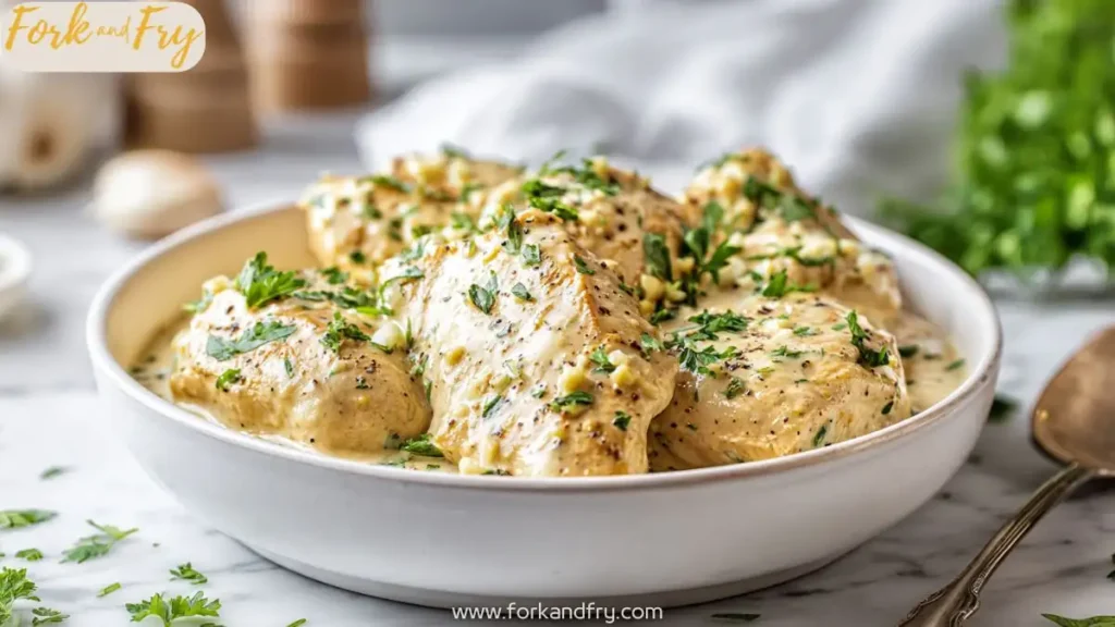 Crockpot creamy garlic butter chicken with herbs in rich sauce served in white bowl