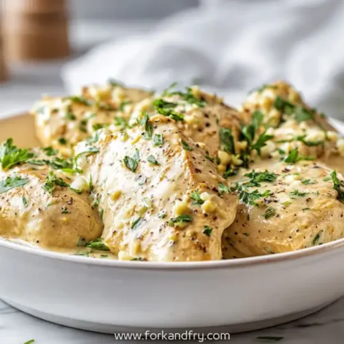 Crockpot creamy garlic butter chicken with herbs in rich sauce served in white bowl