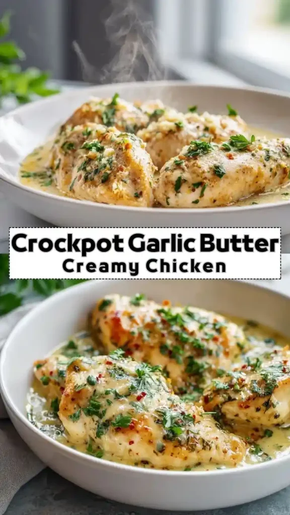 Crockpot garlic butter creamy chicken with herbs in rich sauce served in white bowl