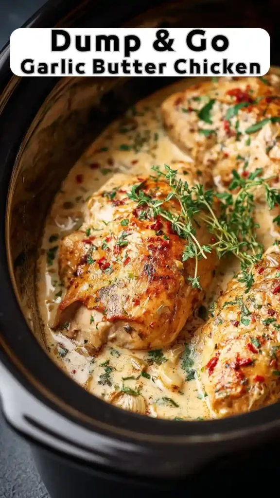 Dump and go garlic butter chicken in crockpot with creamy herb sauce and thyme