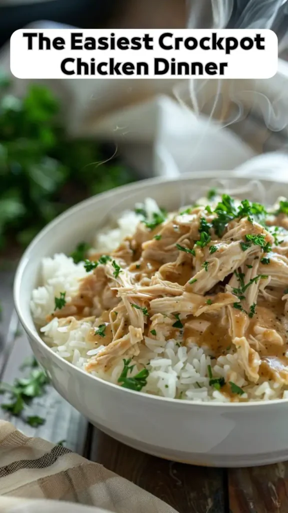 The Easiest Crockpot Chicken Dinner – Simple Slow Cooker Recipe Shredded crockpot chicken served over white rice with gravy and fresh parsley in a white bowl