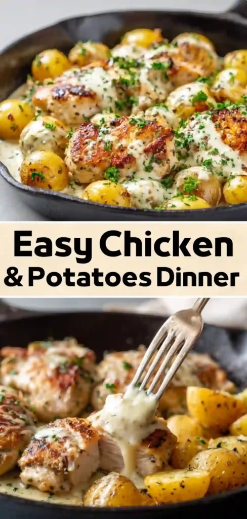 Easy Chicken and Potatoes Dinner with Creamy Garlic Sauce Easy chicken and potatoes dinner in skillet with creamy garlic sauce and herbs