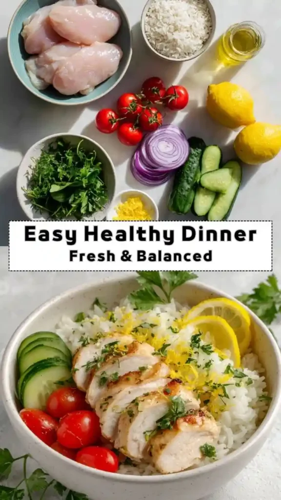 Easy Healthy Dinner Fresh and Balanced Chicken Bowl Easy healthy dinner bowl with grilled chicken rice cucumber cherry tomatoes and lemon