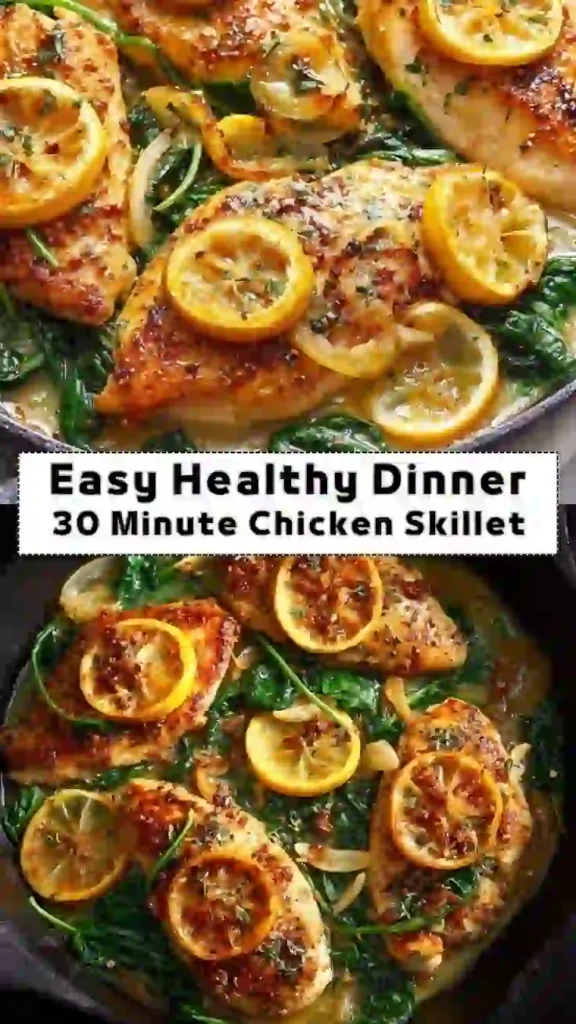 Easy Healthy Dinner 30 Minute Chicken Skillet Recipe Easy healthy dinner 30 minute chicken skillet with lemon slices and sautéed spinach