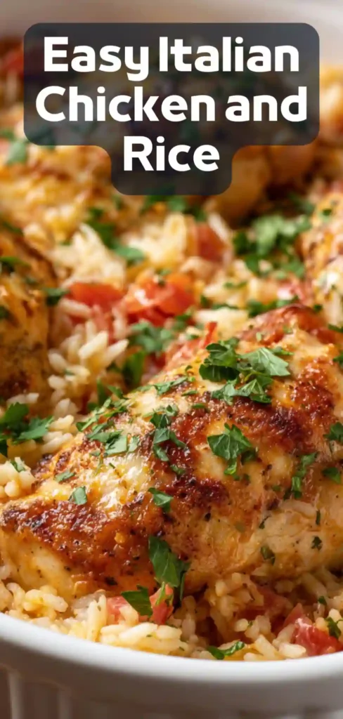 Easy Italian Chicken and Rice – One Pan Family Dinner Easy Italian chicken and rice with golden roasted chicken thigh, cherry tomatoes, herbs, and fluffy seasoned rice