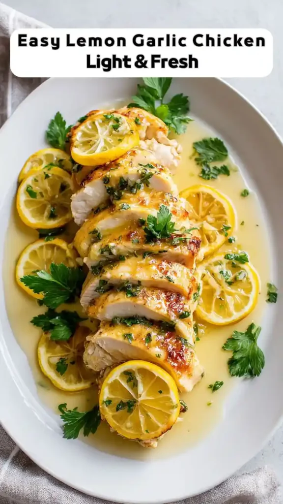 Easy lemon garlic chicken with fresh parsley and sliced lemons in light buttery sauce