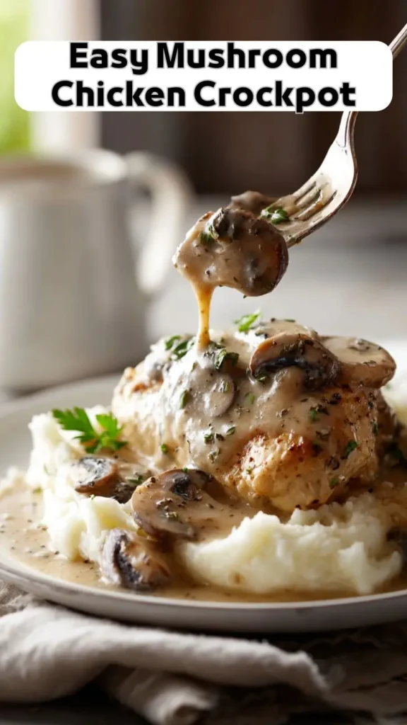 Easy Mushroom Chicken Crockpot – Creamy Slow Cooker Comfort Food Easy mushroom chicken crockpot served over mashed potatoes with creamy garlic sauce and fresh parsley