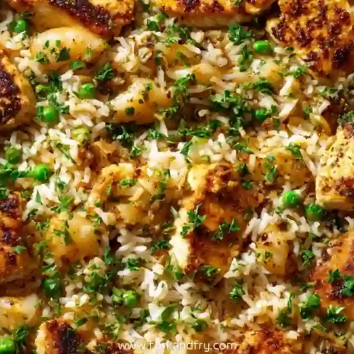 Easy skillet chicken and rice with peas and herbs cooked in one pan