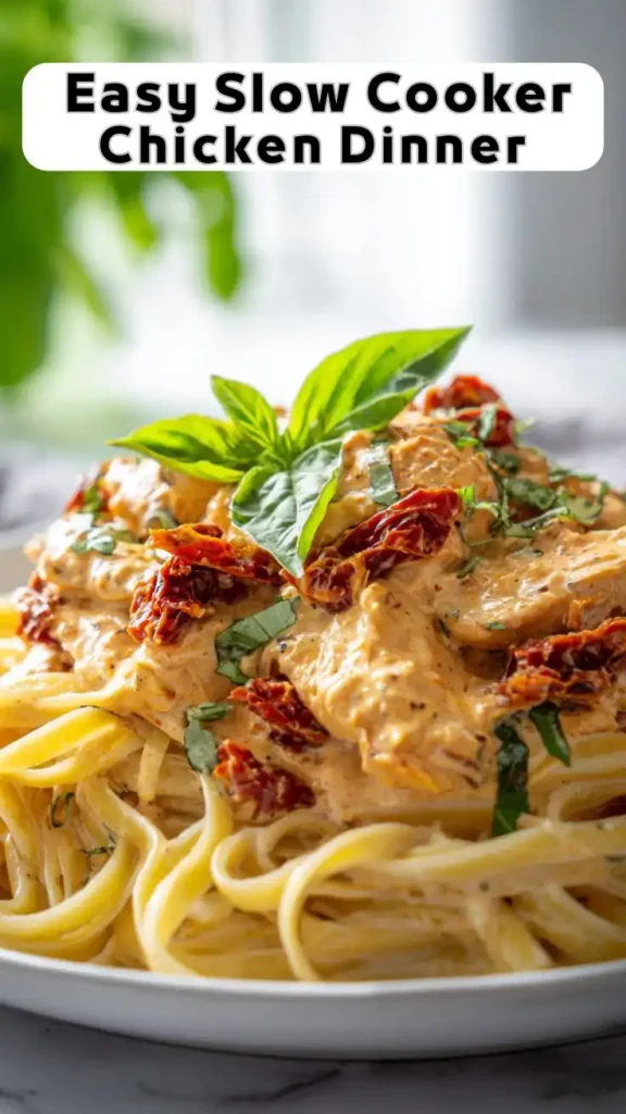 Slow cooker creamy sun dried tomato chicken served over fettuccine pasta with fresh basil