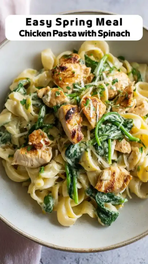 Easy Spring Chicken Pasta with Spinach – Family Dinner Idea Easy spring chicken pasta with spinach and parmesan in creamy sauce