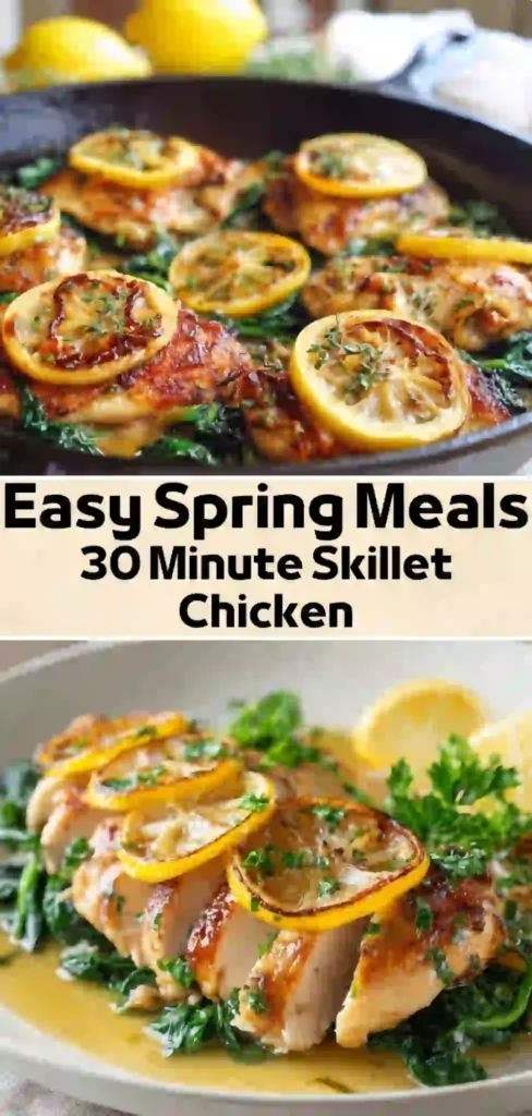 Easy Spring Meals 30 Minute Skillet Chicken with Spinach Easy spring meals 30 minute skillet chicken with lemon slices and sautéed spinach
