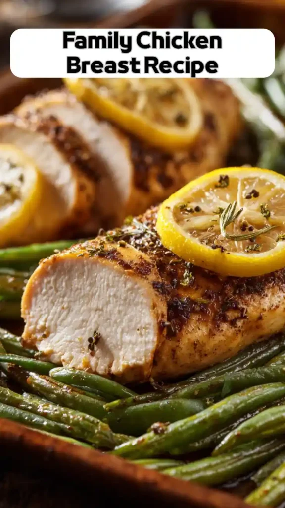 Family chicken breast recipe with lemon slices and roasted green beans