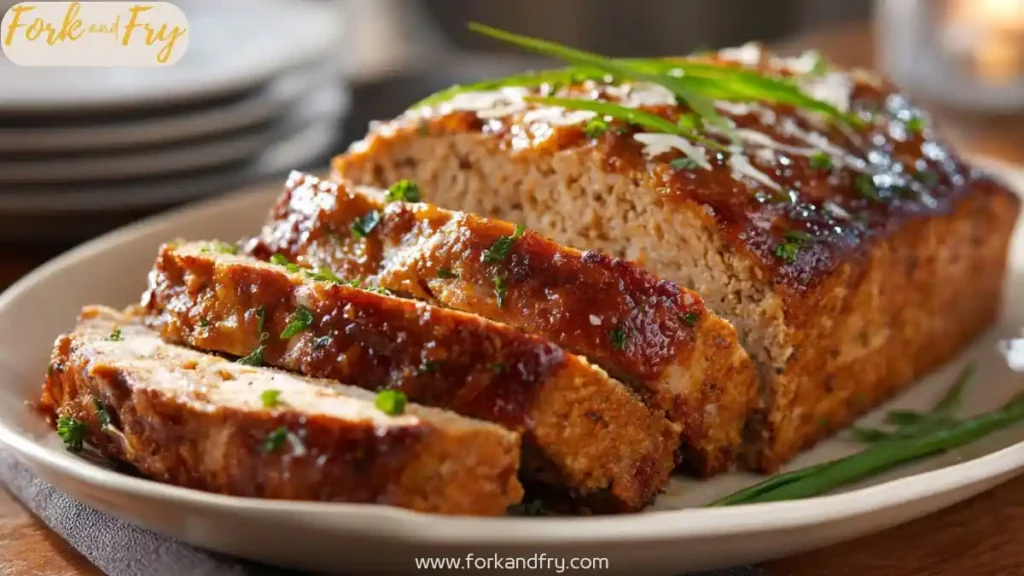 glazed parmesan chicken meatloaf sliced on platter with parsley and chives