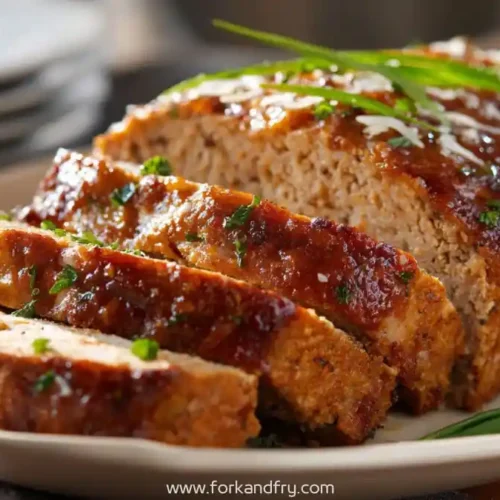 glazed parmesan chicken meatloaf sliced on platter with parsley and chives