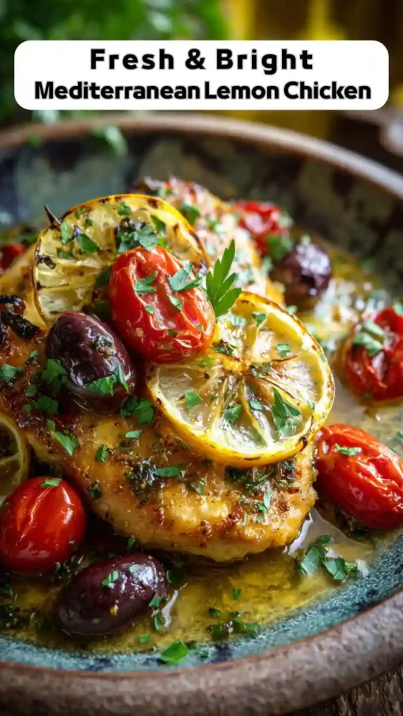 Fresh and Bright Mediterranean Lemon Chicken Fresh bright Mediterranean lemon chicken with olives cherry tomatoes and herbs