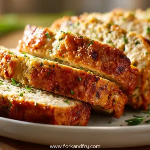 Sliced garlic parmesan chicken meatloaf with golden crust and herbs served on a white plate