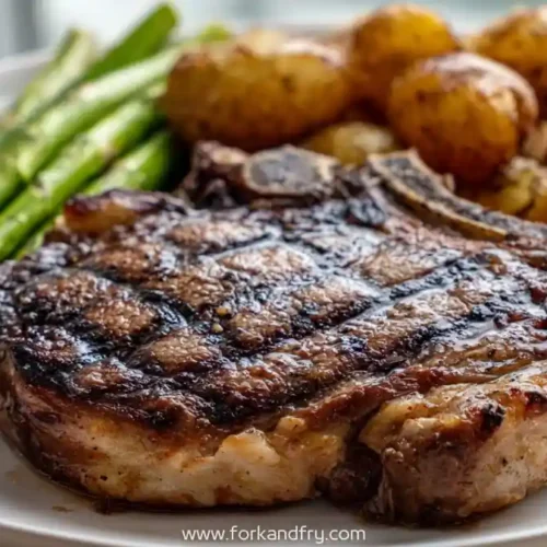 Grilled ribeye steak with steakhouse seasoning served with asparagus and roasted potatoes
