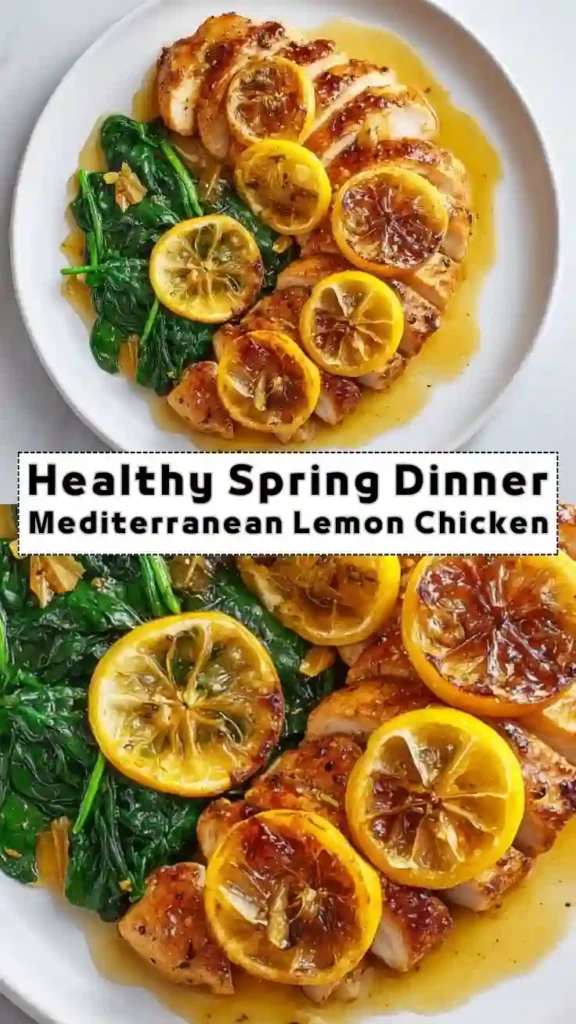 Healthy Spring Dinner Mediterranean Lemon Chicken Healthy spring dinner Mediterranean lemon chicken with sautéed spinach and citrus sauce