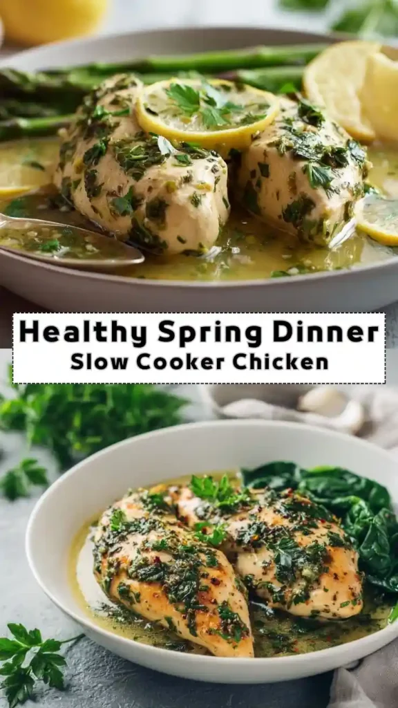 Healthy spring dinner slow cooker chicken with lemon herbs and fresh spinach