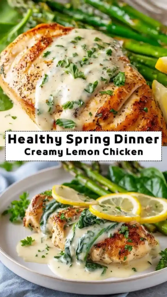 Healthy Spring Dinner Creamy Lemon Chicken with Asparagus Healthy spring dinner creamy lemon chicken with asparagus and spinach in garlic sauce