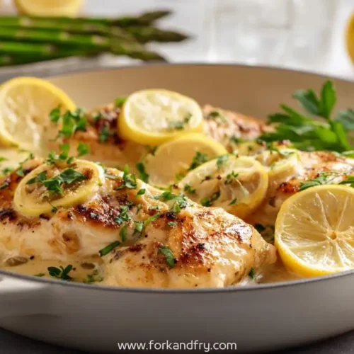Healthy lemon chicken in creamy sauce with fresh parsley and lemon slices in skillet