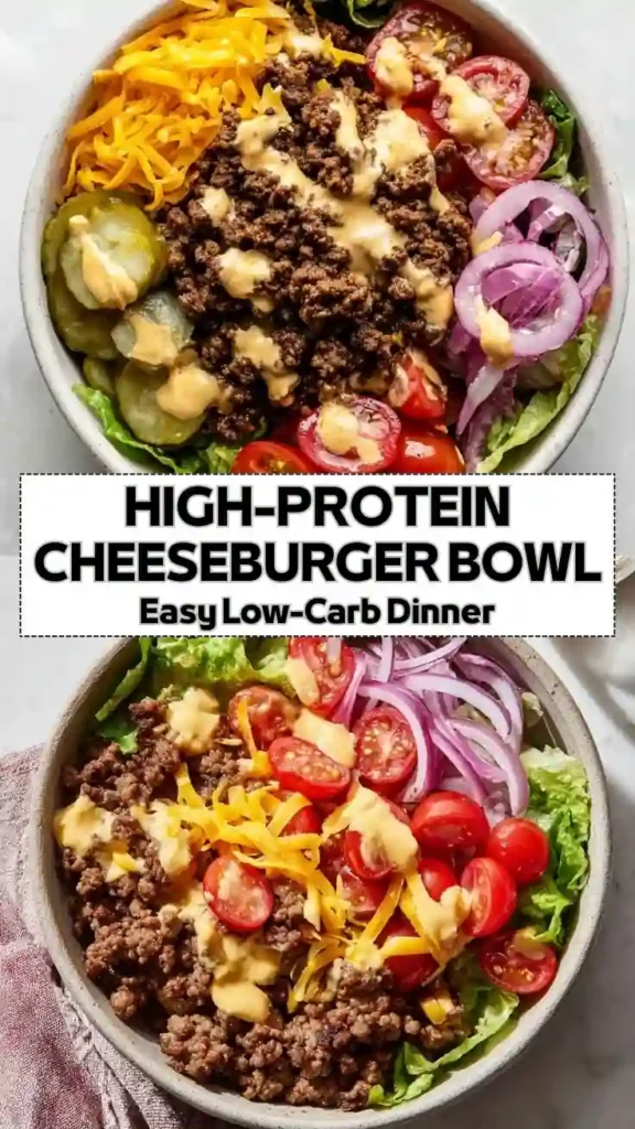 High protein cheeseburger bowl with seasoned ground beef, cheddar cheese, cherry tomatoes, red onion, pickles and creamy burger sauce