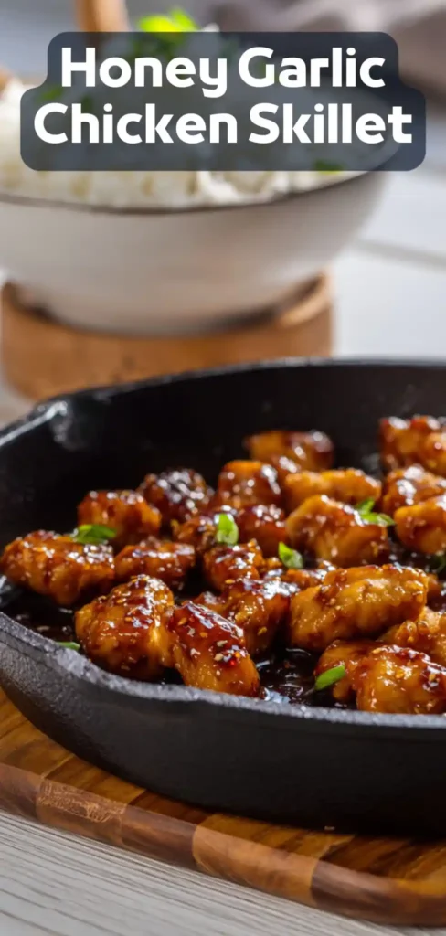 Honey garlic chicken skillet with glazed chicken bites in savory sauce topped with green onions