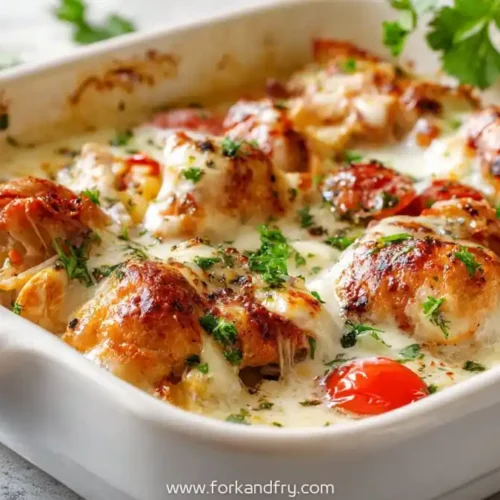 Creamy Italian chicken and rice bake with melted mozzarella, cherry tomatoes, and fresh parsley in white casserole dish