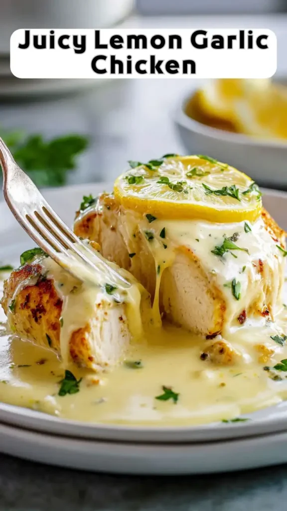 Juicy lemon garlic chicken breast topped with creamy garlic sauce, fresh parsley, and lemon slice on white plate