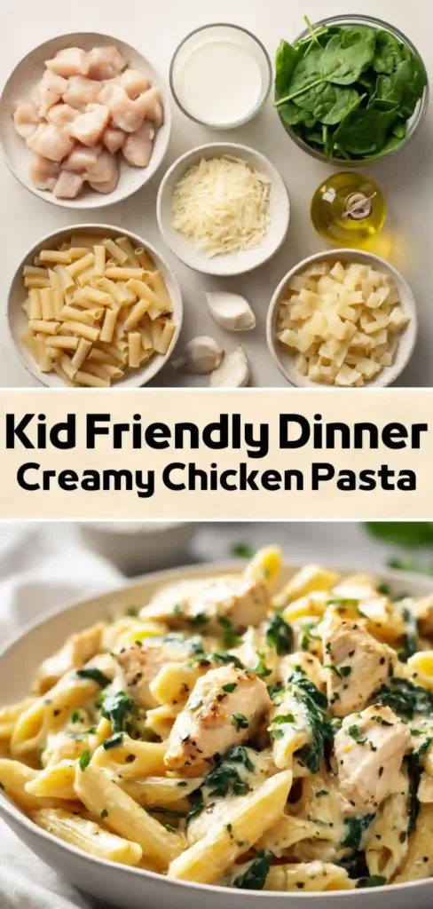 Kid Friendly Creamy Chicken Pasta – Easy Family Dinner Kid friendly creamy chicken pasta with spinach and penne in parmesan sauce